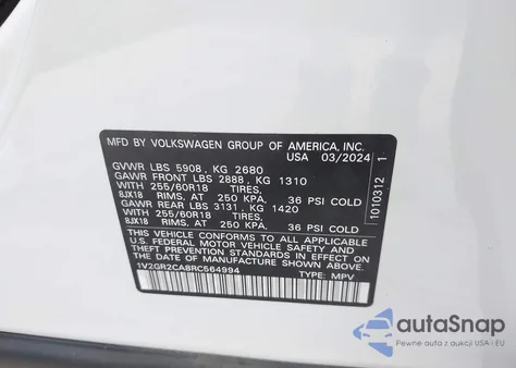 2024 Volkswagen Atlas 2.0T Peak Edition Sel z USA, uszkodzony, nr VIN 1V2GR2CA8RC564994
